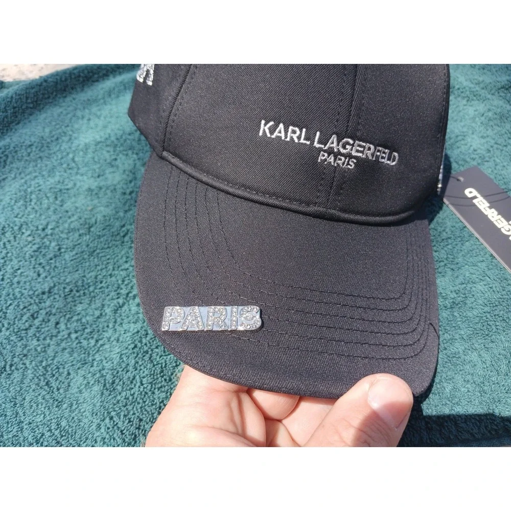 Karl Lagerfeld Hat Cap‎ Womens Black Baseball Rhinestone Pin Bling Designer New